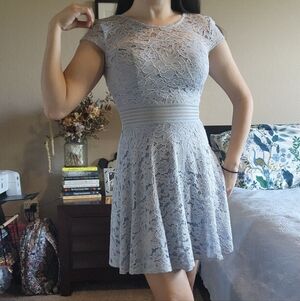 Cap-Sleeve Lace Fit & Flare Mini Dress in Light Blue-Gray